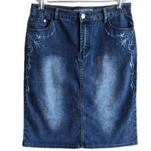 Vintage midi denim pencil skirt faded embroidery 100% cotton sz M